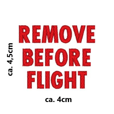 Stickmotiv REMOVE BEFORE FLIGHT mit Wunschtext individuell personalisierte Bestickung